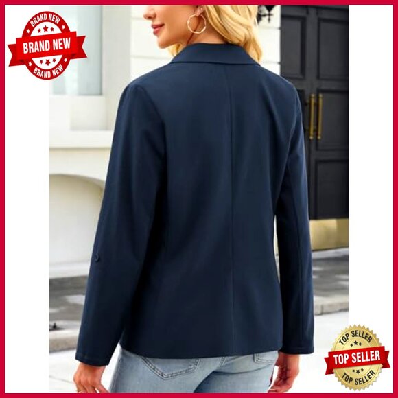 Linen Cotton Blazer Full Lining Rolled Sleeve Open Front Work Office Jacket - Picture 3 of 7